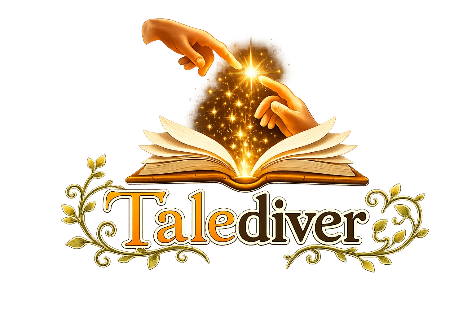 Talediver : un grimoire ouvert, deux mains dont les doigts se touchent presque dans une gerbe d'étincelles