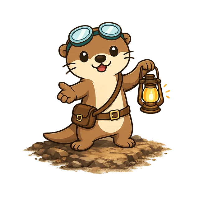 Lumi, la loutre exploratrice de Talediver, lunettes relevées sur le front et sacoche en bandoulière, une lanterne allumée à la main